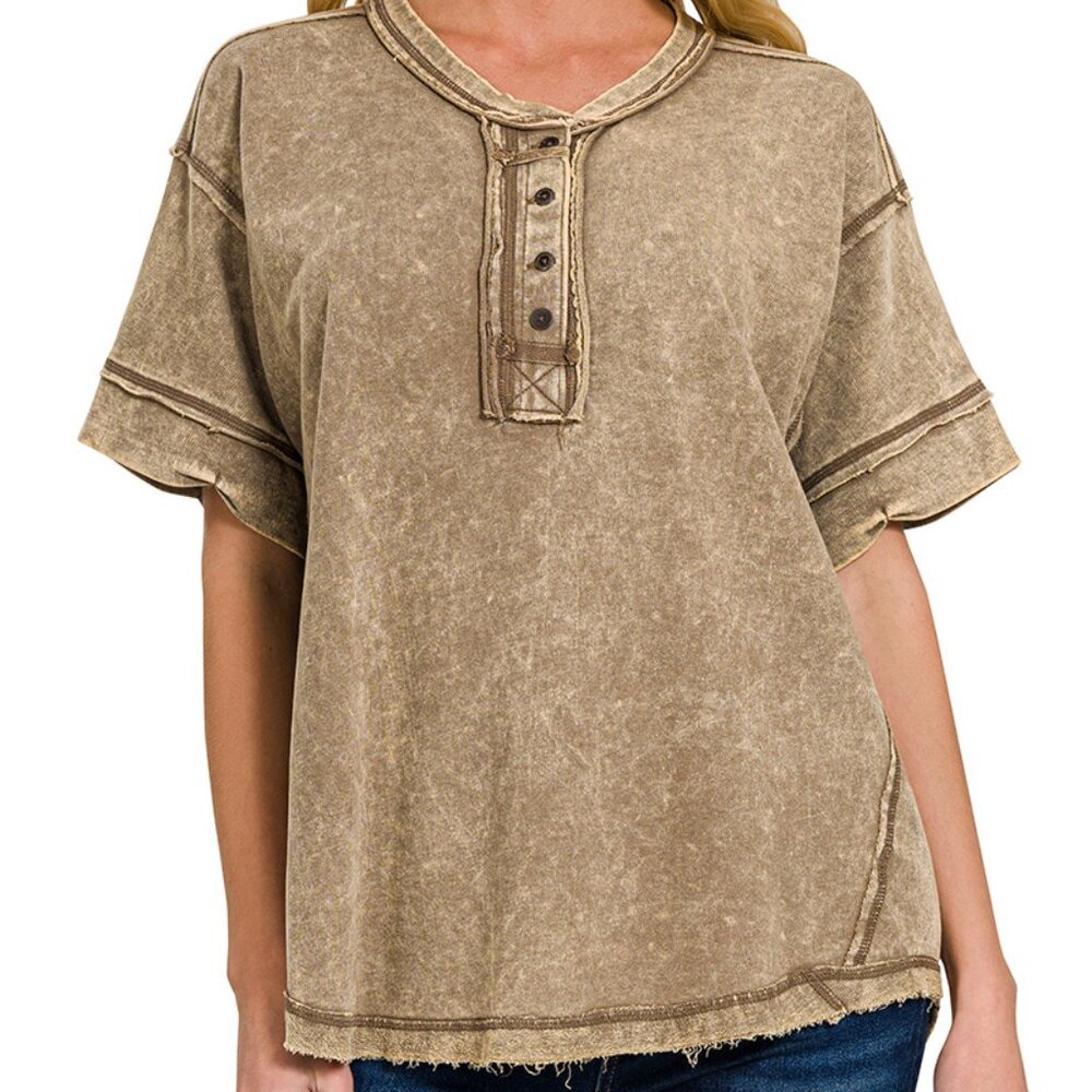 Zenana Acid Wash Raw Edge Detailed Button Henley Top, Mocha